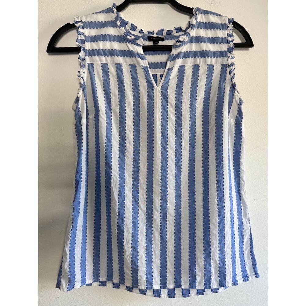 Talbots Scalloped Stripe Ruffle Trim Cotton Top XS Coastal Preppy Boho Feminine